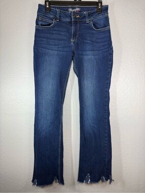 Wrangler Bootcut Jeans 5X32 Medium Wash Blue Raw Hem Tall Mid Rise Western Boho